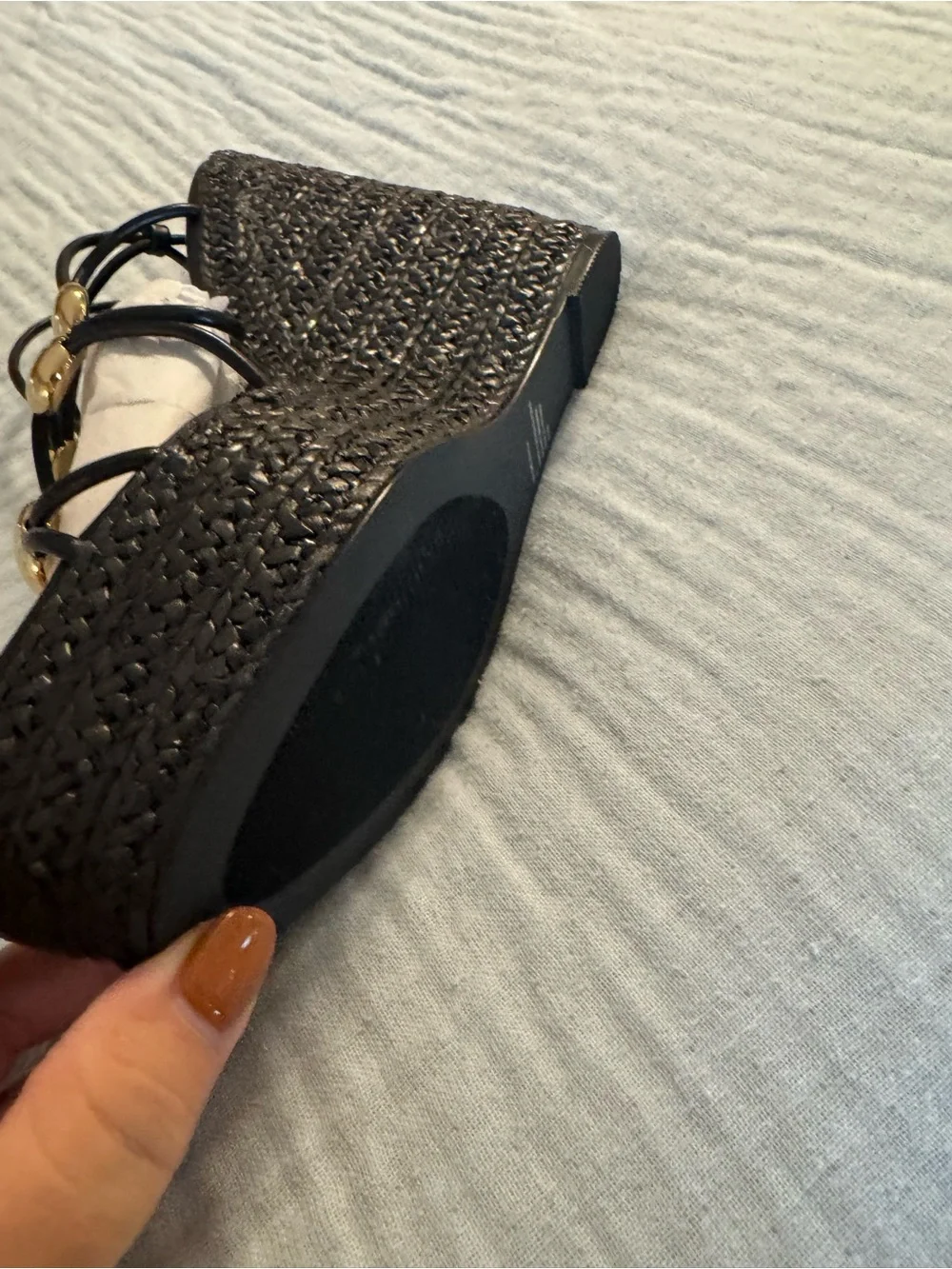 Steve Madden Black Wedge Espadrille Sandals with Gold Discs